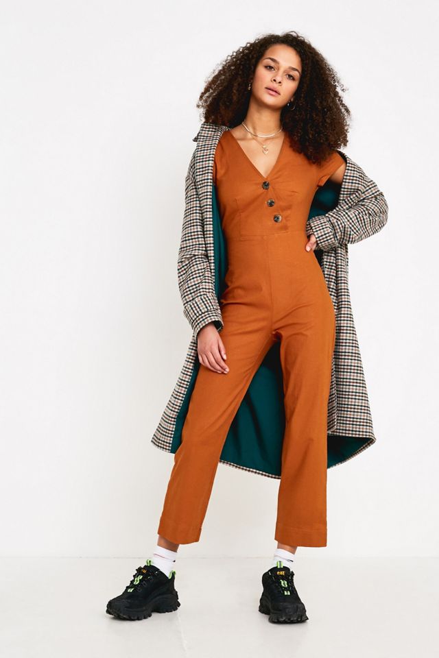 UO Karen Brown Surplice Button-Through Jumpsuit #2