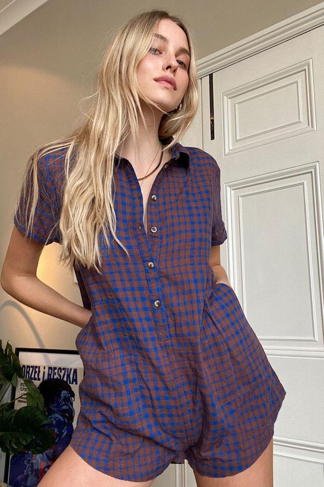 UO Lennie Blue & Purple Check Playsuit | Urban Outfitters UK