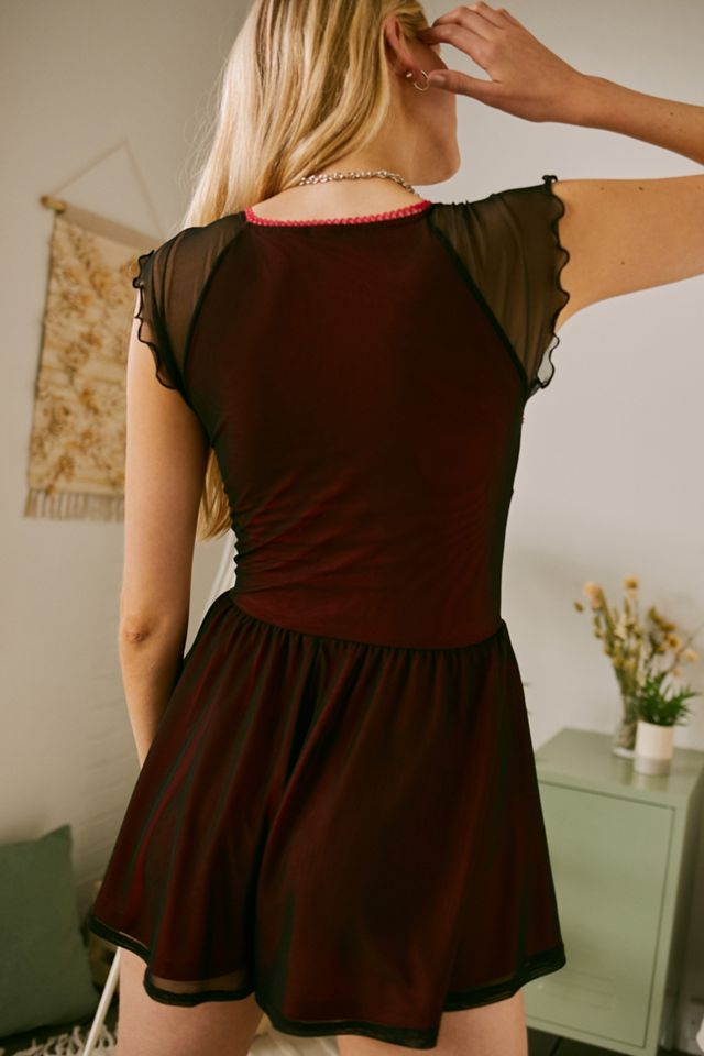 UO Black & Burgundy Milly Contrast Mesh Playsuit #2
