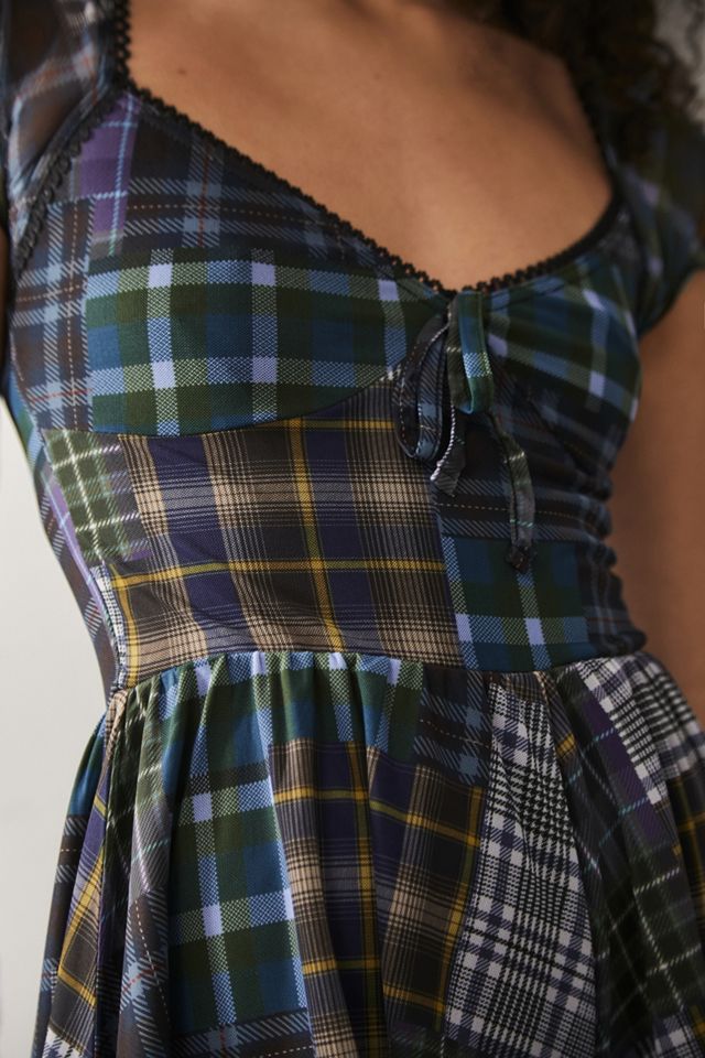 UO Milly Navy Plaid Mesh Playsuit | Urban Outfitters UK
