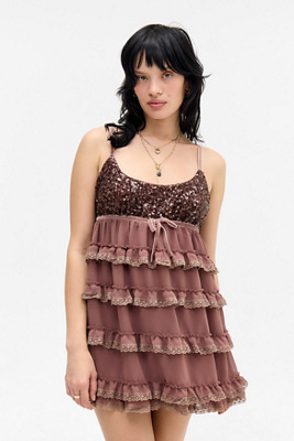 Kimchi Blue Tiered Romper - Brown L at Urban Outfitters
