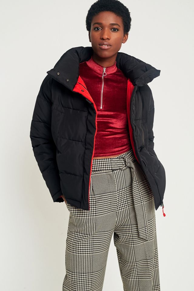 Light Before Dark Black with Contrasting Red Lining Pillow Puffer Jacket #1