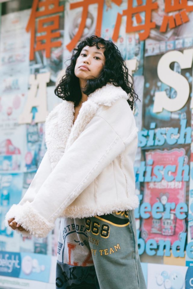 UO Faux Shearling Cream Cropped Jacket | Urban Outfitters UK