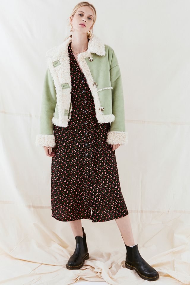 UO Faux Shearling Green Cropped Jacket #3