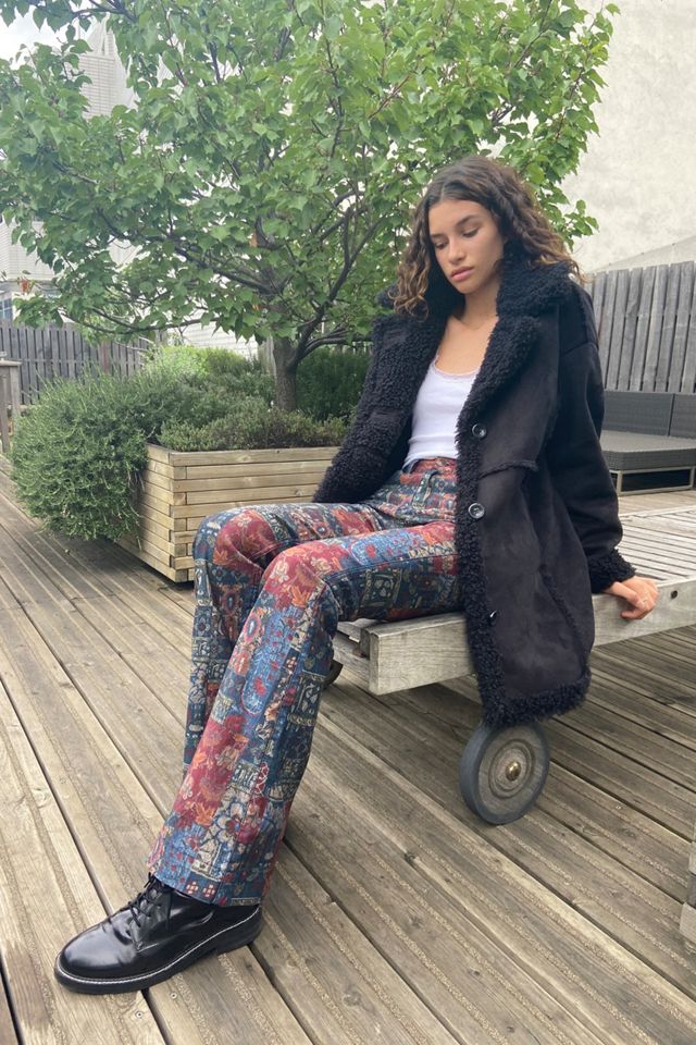 UO Faux Shearling Black Longline Coat Urban Outfitters UK