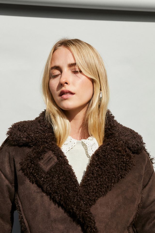 UO Faux Shearling Brown Longline Coat #3
