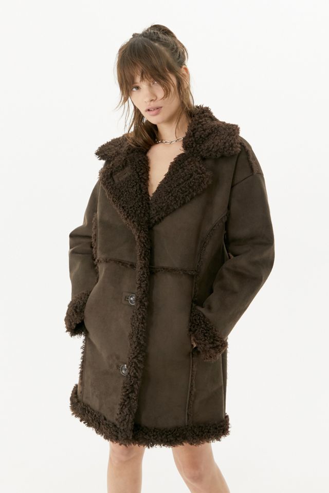 UO Faux Shearling Brown Longline Coat #4