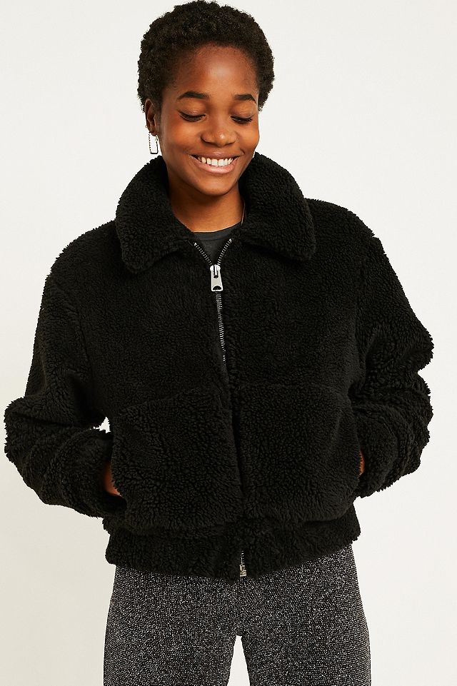 UO Black Teddy Crop Jacket | Urban Outfitters UK