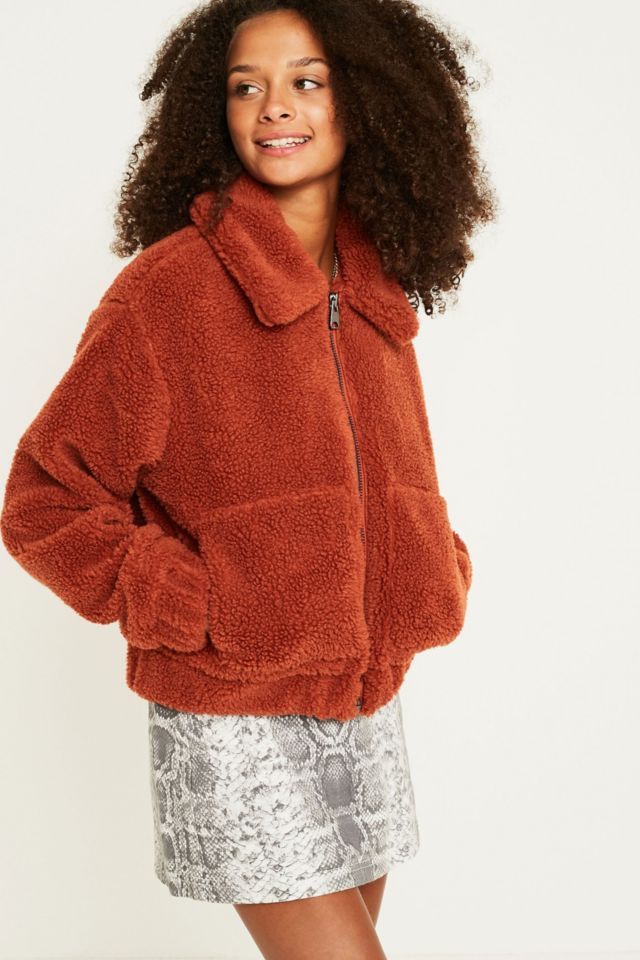 UO Red Cropped Teddy Jacket Urban Outfitters UK