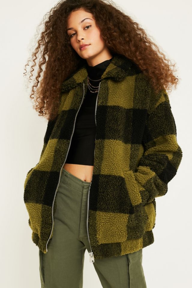 UO Olive Check Teddy Jacket | Urban Outfitters UK