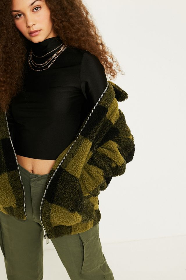 UO Olive Check Teddy Jacket #3