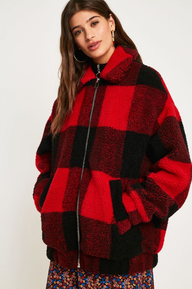 UO Red and Black Check Teddy Jacket | Urban Outfitters UK