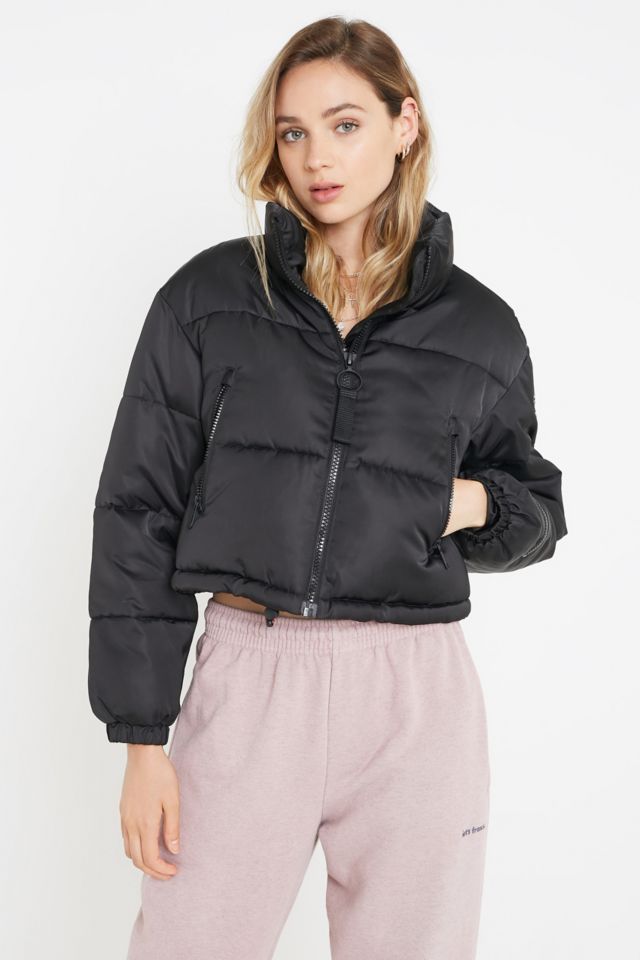 UO Black Satin Super Crop Puffer Jacket | Urban Outfitters UK