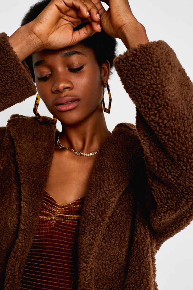 UO Long Brown Teddy Coat #3