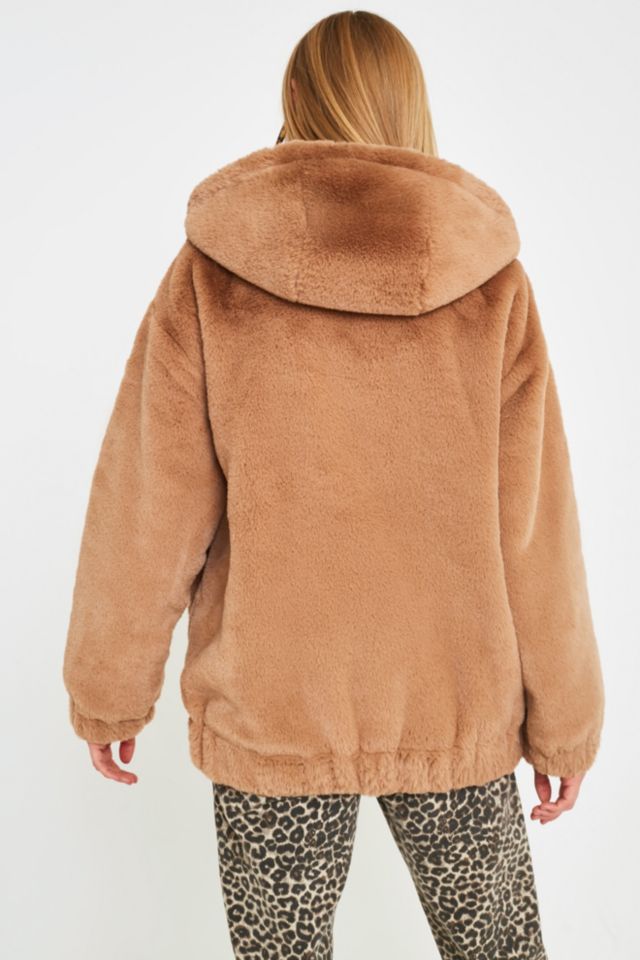 UO Tan Faux Fur Hooded Bomber Jacket