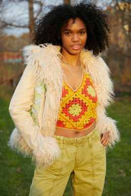 UO Embroidered Y2K Faux Fur Trim Jacket | Urban Outfitters UK