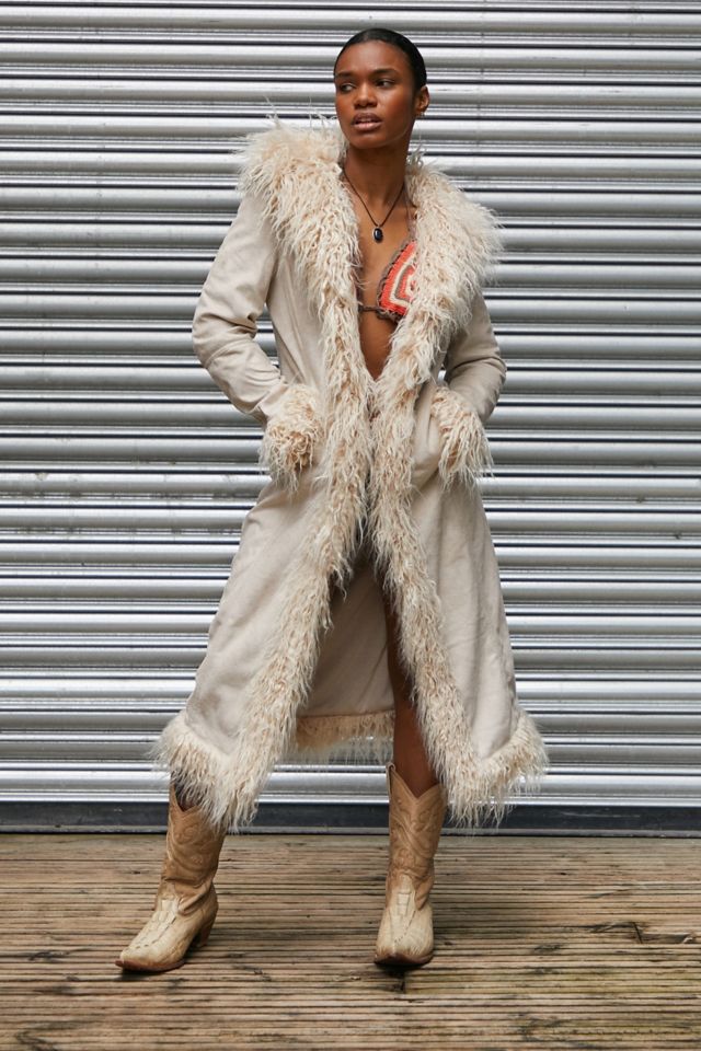 Long fur trim coat on sale