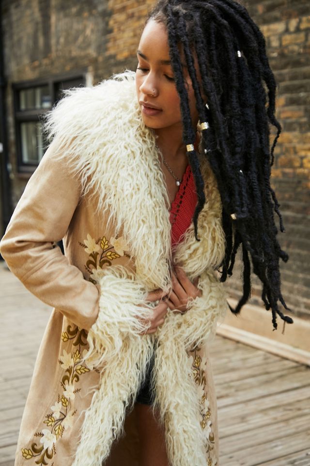 UO Embroidered Y2K Faux Fur Trim Maxi Coat #1