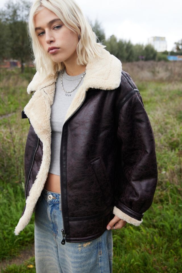 BDG Urban Outfitters Vintage Longline Faux Leather Shearling Aviator Jacket