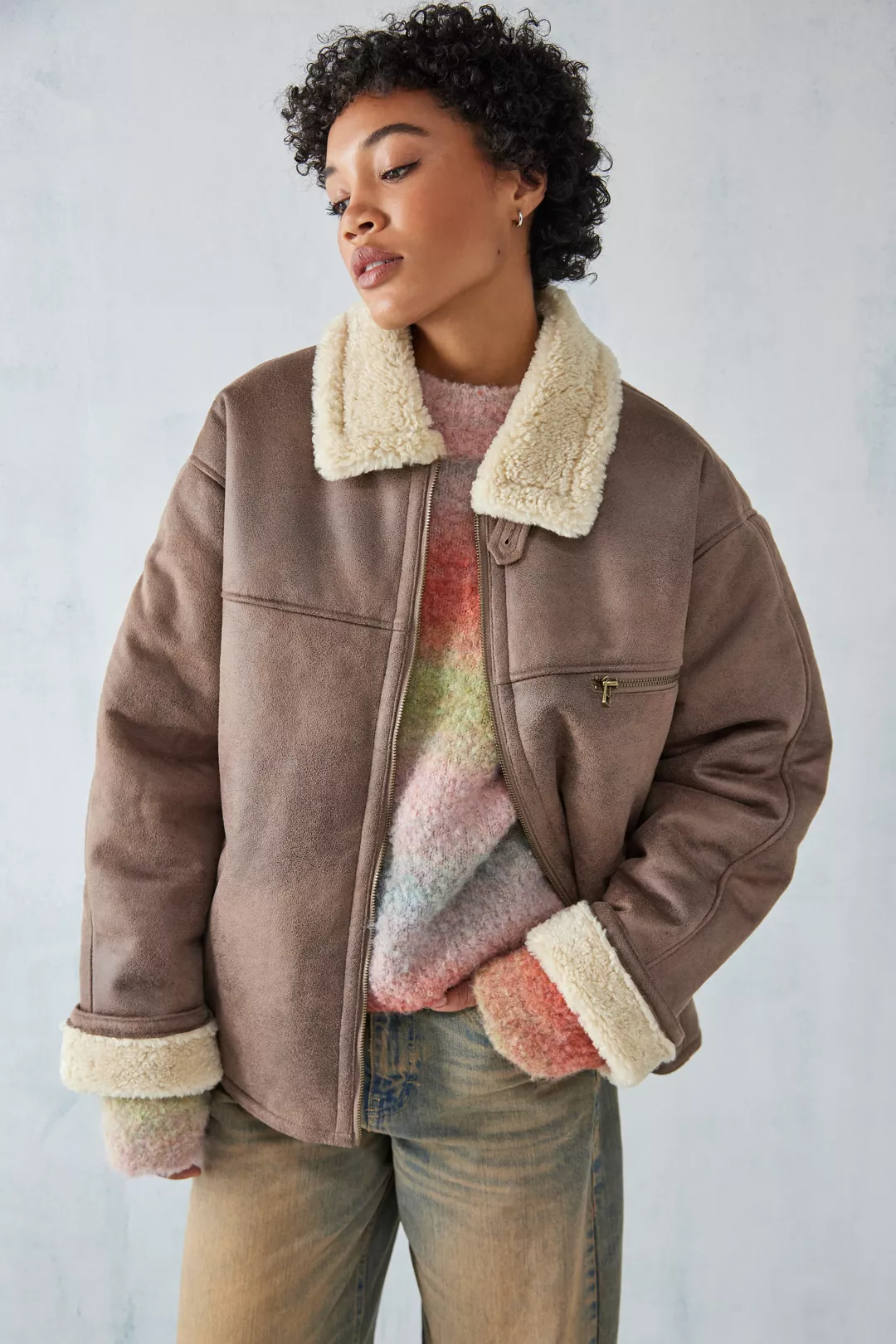BDG Borg Harry Zip-Through Aviator Jacket
