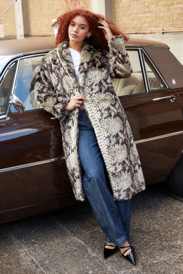 Silence + Noise Snake Print Faux Fur Maxi Coat