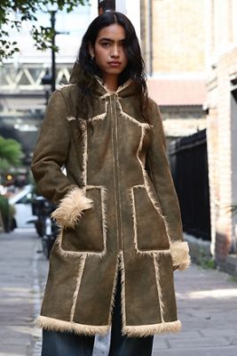 UO Alyssa Fur Trim Hooded Midi Coat