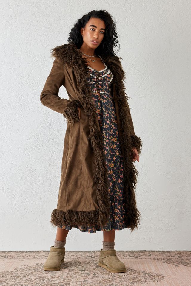 BDG Urban Outfitters + UO Faux Shearling Beige Longline Coat