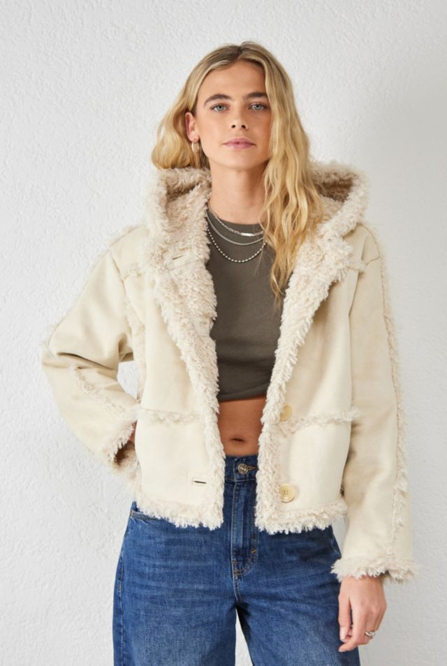 UO Clara Cropped Faux Shearling Jacket | Urban Outfitters UK