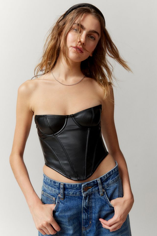 Black Faux Leather Hook And Eye Structured Corset