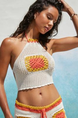 Damson Madder Crochet Halter Top - White L at Urban Outfitters