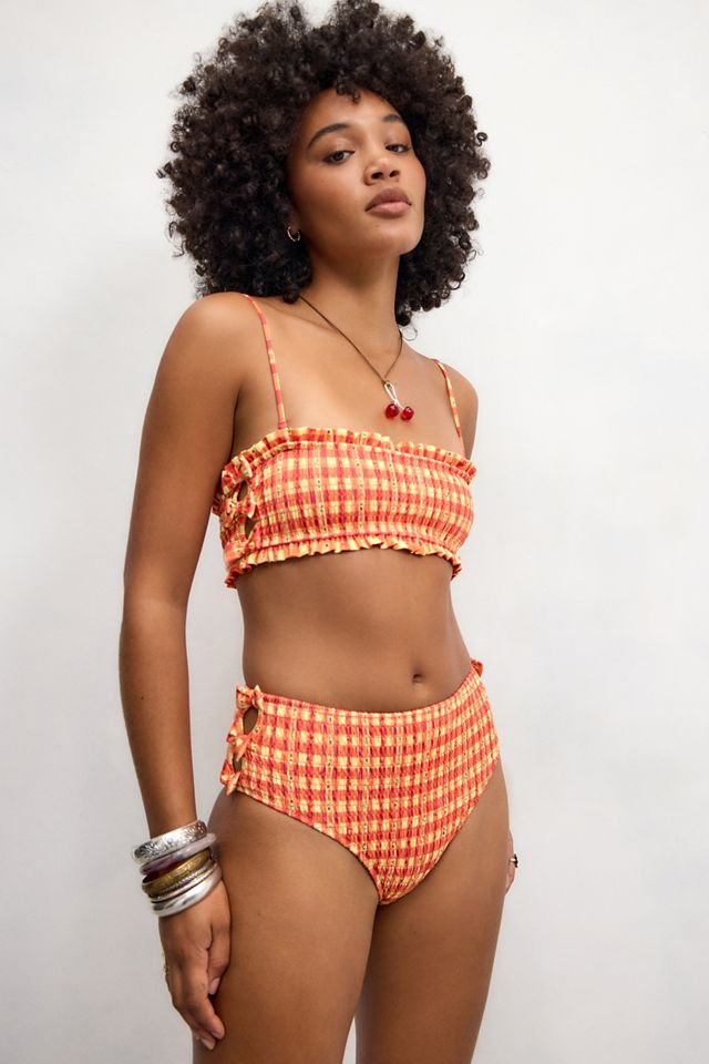 Damson Madder Geraffter Bikini-Hose mit hoher Taille und Schleife #1