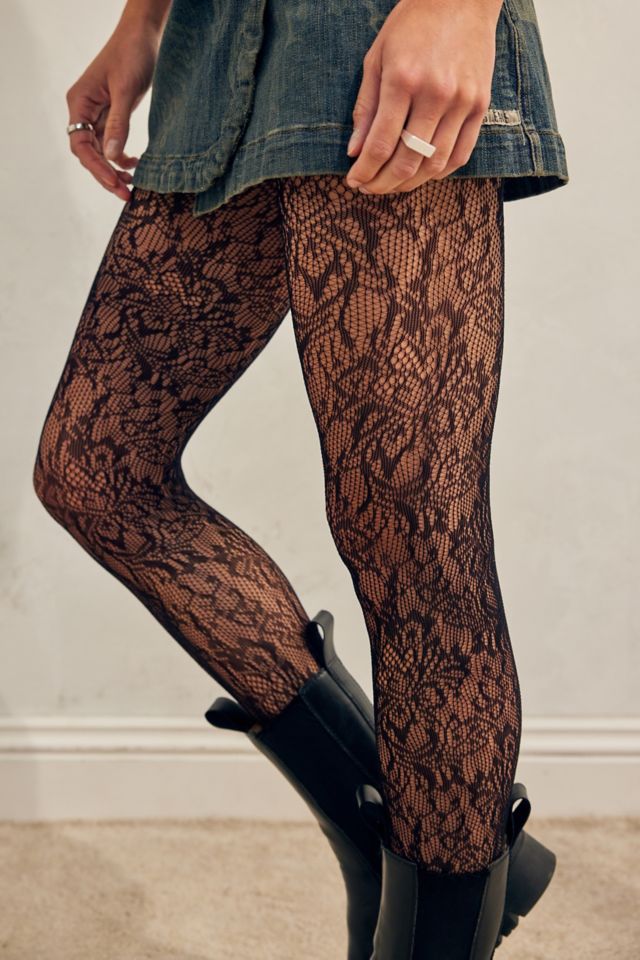 UO Black Mixed Floral Lace Tights