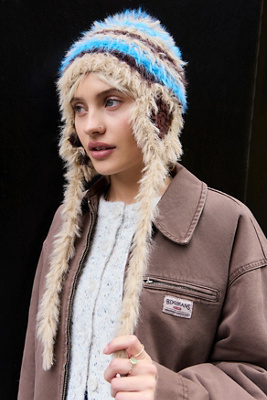 UO Fluffy Stripe Ear Flap Hat at Urban Outfitters