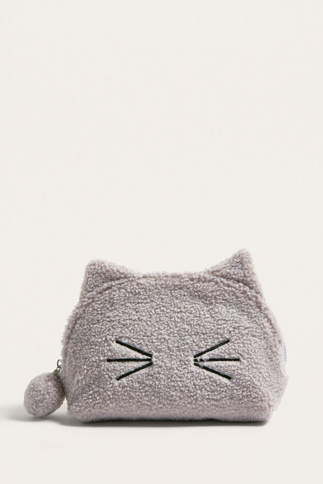 Grey Fleece Cat Face Make-Up Bag #1