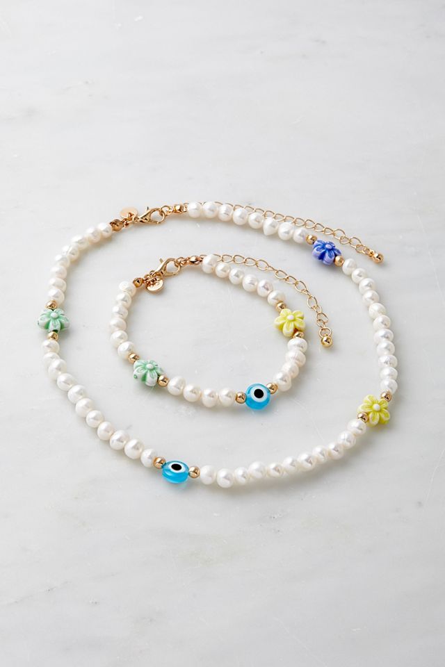 Ensemble Collier et Bracelet Fleur Fausse Perle #2