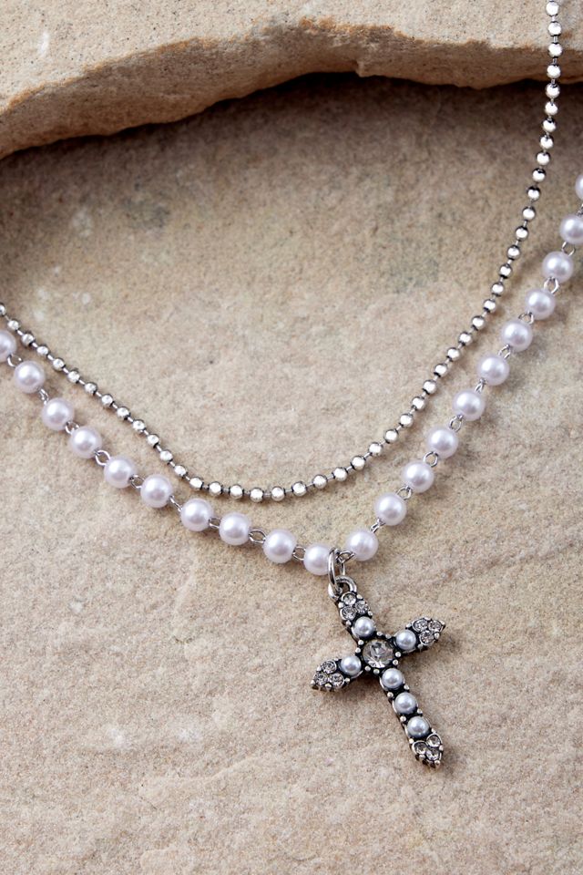 Silence + Noise Double Layer Pearl Cross Necklace