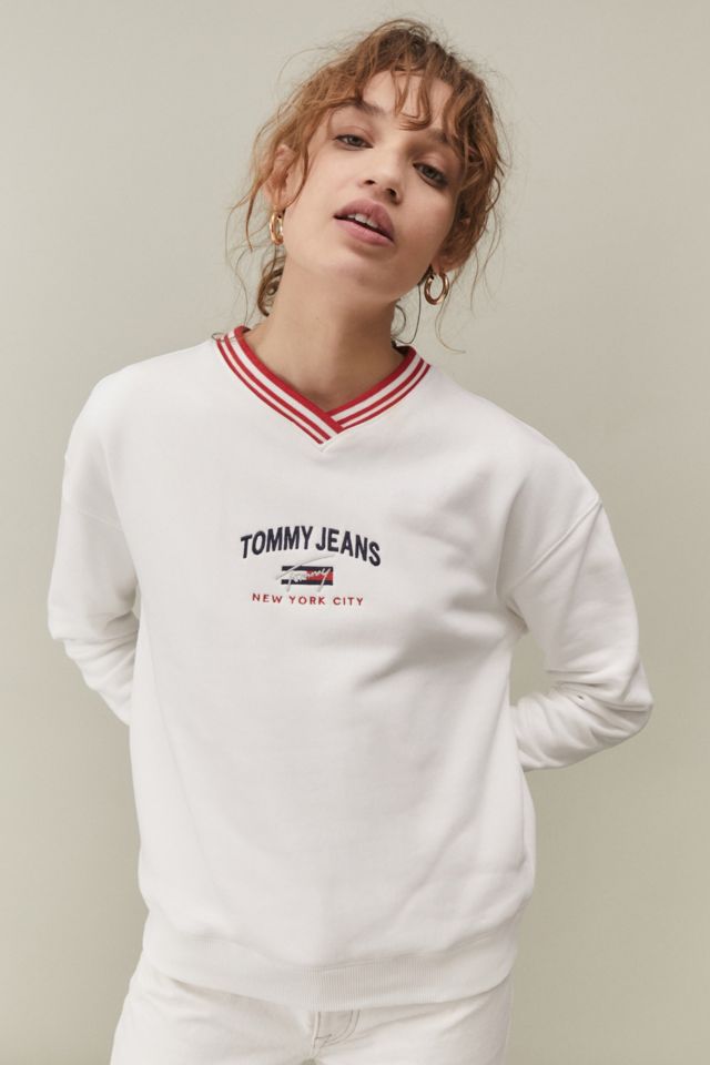 Tommy Hilfiger White Embroidered Logo Sweatshirt | Urban Outfitters UK