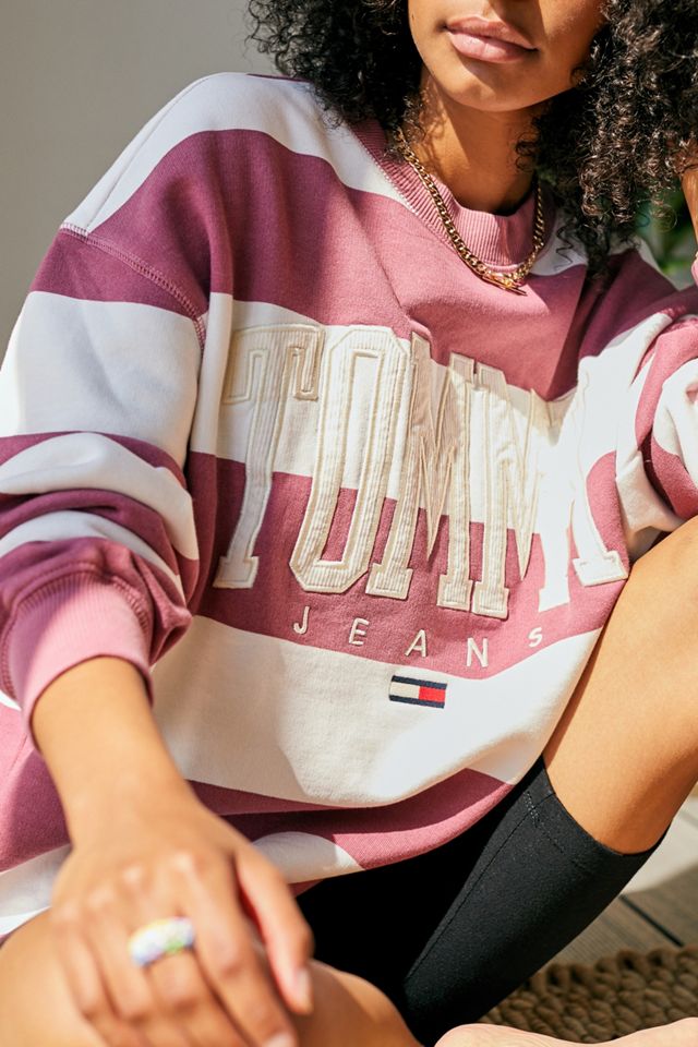 Tommy Jeans White & Pink Stripe Collegiate Crew Neck Sweatshirt #1