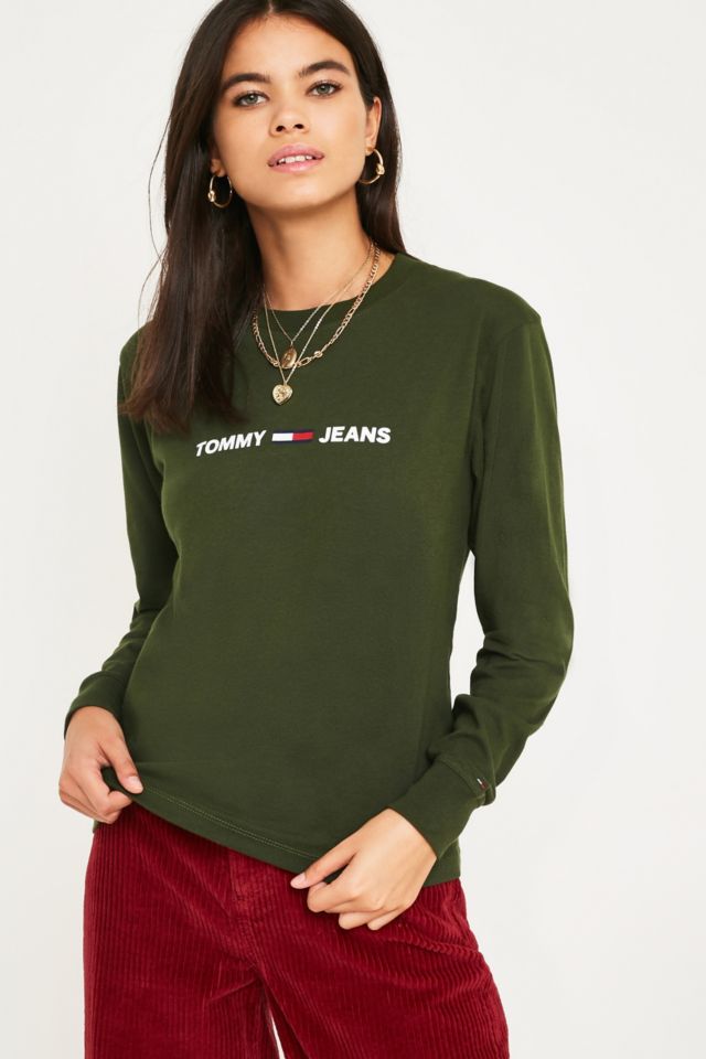 Tommy Jeans Clean Logo Khaki Long-Sleeve T-Shirt | Urban Outfitters UK