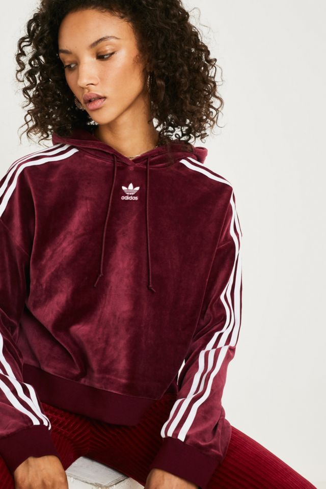 adidas Originals Gekurzter Hoodie aus Velours in Weinrot