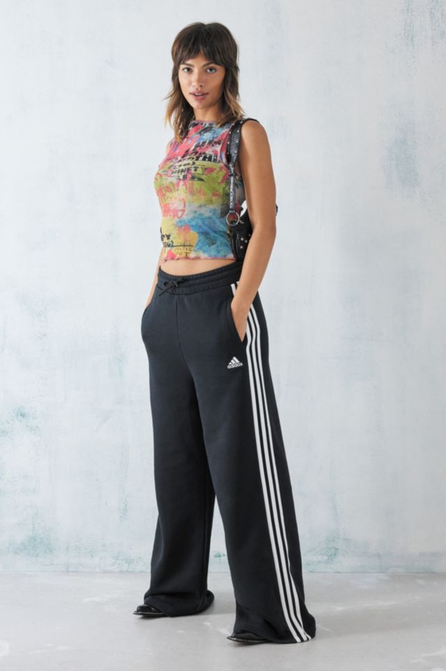 adidas Black 3 Stripes Wide Leg Track Pants