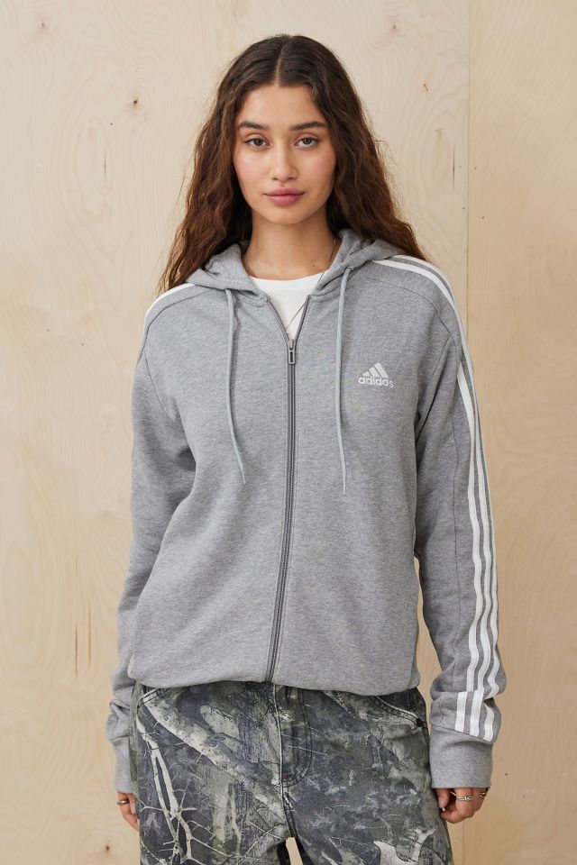 adidas Grey 3 Stripes Zip Through Hoodie Urban Outfitters UK