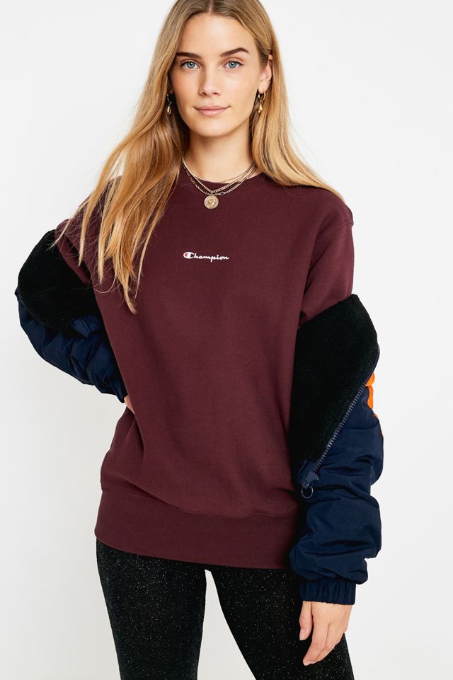 Champion Script Logo Aubergine Crew Neck Sweatshirt Urban Outfitters UK