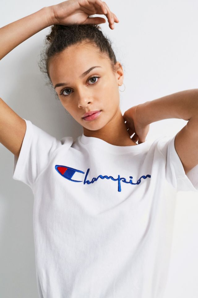 champion white script tee