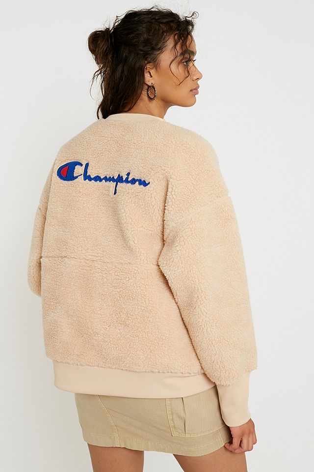 Champion Sherpa Script Logo Ecru Crew Neck Sweatshirt | Urban Outfitters UK