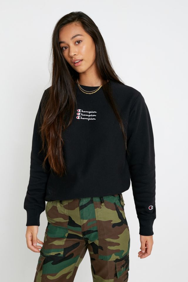 Champion UO Exclusive Triple Script Logo Black Crew Neck Sweatshirt