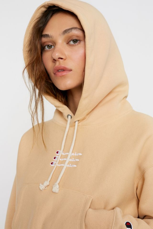 Champion Exclusive Tan Triple Script Logo Crop Hoodie | Outfitters UK