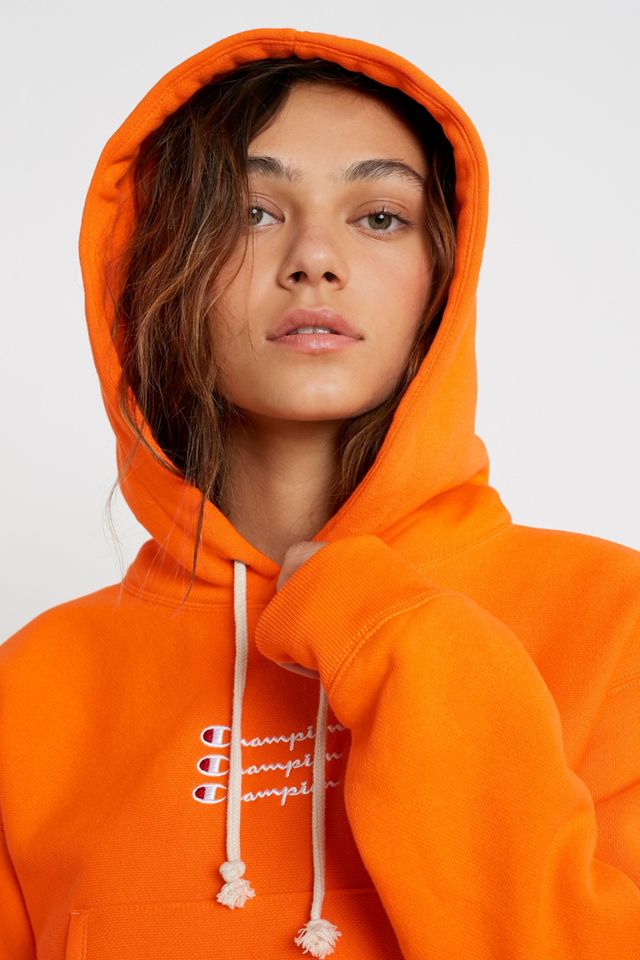 Champion UO Exclusive Orange Triple Script Logo Crop Hoodie #1