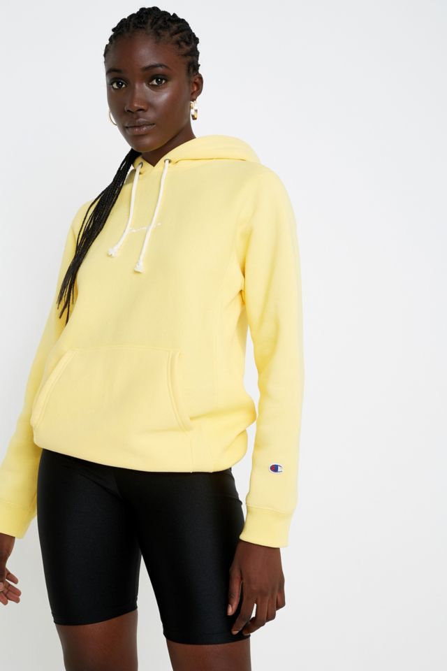 Champion UO Exclusive Yellow Logo Script Hoodie | Urban Outfitters UK