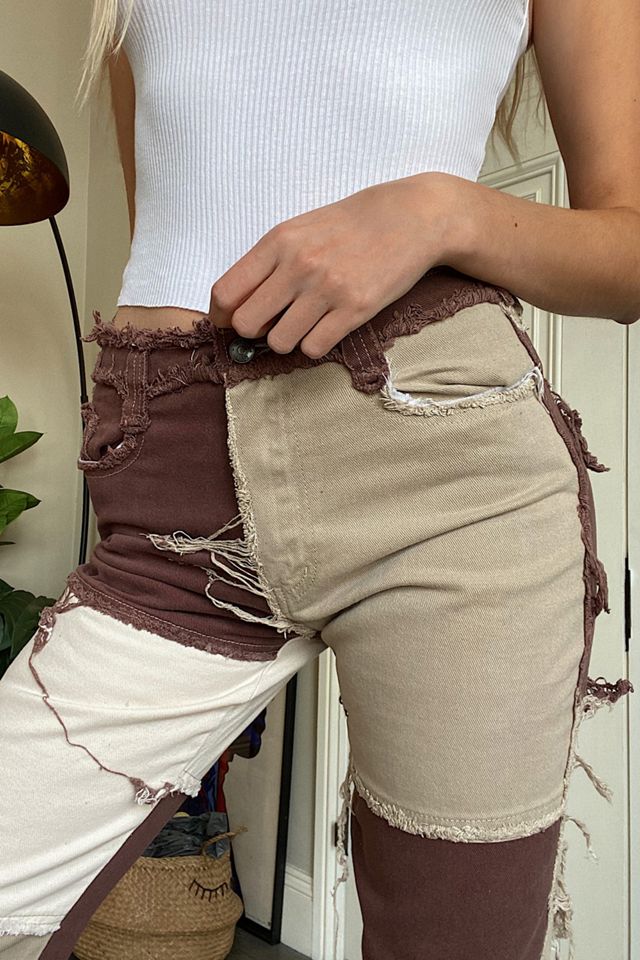 Jaded Londres - Jeans boyfriend en denim patchwork marron #3